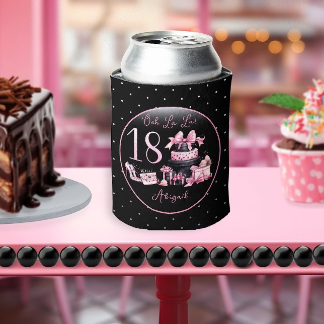 Rafraîchisseur Pour Canette Glam Pink Black Fashion 18ème anniversaire (Glam Pink and Black French Couture Fashion 18th Birthday Party Can Cooler)