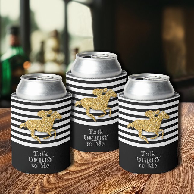Rafraîchisseur Pour Canette Gold Derby Race Horse Black White Stripes (Gold Derby racehorse on black and white stripes beverage can coolers)
