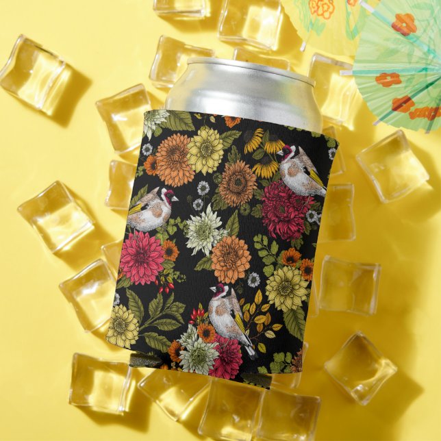 Rafraîchisseur Pour Canette Goldfinches dans le jardin sur noir (Été in situ)