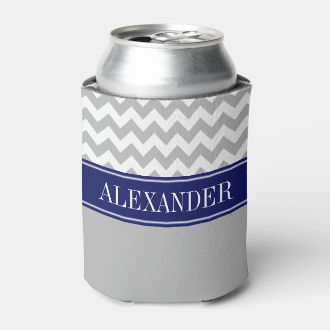 Rafraîchisseur Pour Canette Gris Blanc Chevron CB Navy Monogramme (Can devant)