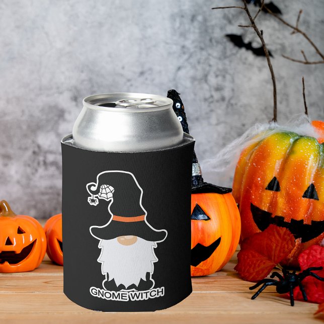 Rafraîchisseur Pour Canette Halloween Gnome sorcière blanc cheveux noir Casque (Wizard Pumpkin Witch Halloween Gnomes Can Cooler)