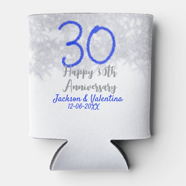 Rafraîchisseur Pour Canette Happy 30th wedding anniversary silver blue glitter (Devant)
