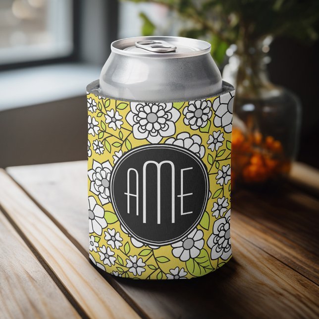 Rafraîchisseur Pour Canette Illustration florale de marguerite tendance - noir (Personalized can cooler with a place to add a name or other custom text)