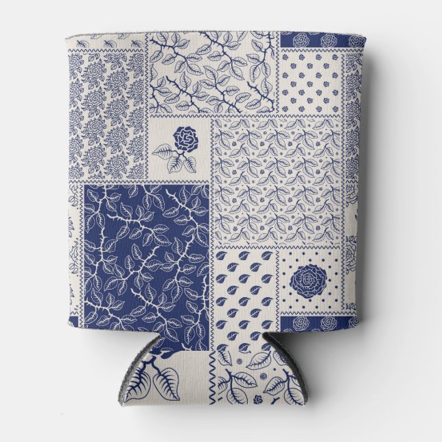 Rafraîchisseur Pour Canette Indigo Bleu Beige Floral Patchwork (Devant)