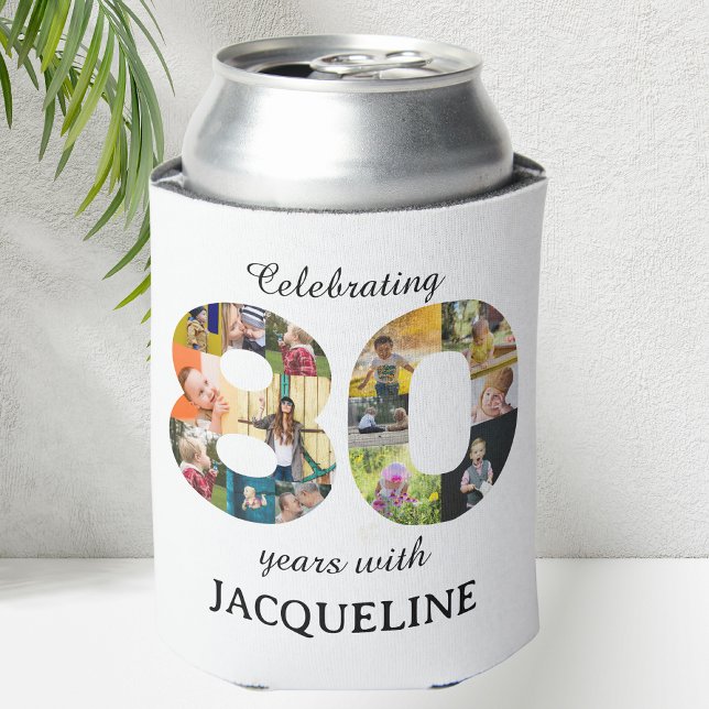 Rafraîchisseur Pour Canette Invitation Modèle photo du 80e anniversaire (80th birthday personalized can cooler with family photo collage template.)
