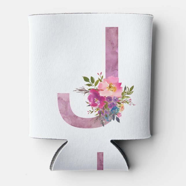 Rafraîchisseur Pour Canette J, Floral Monogramme initial, fleur d'aquarelle (Devant)