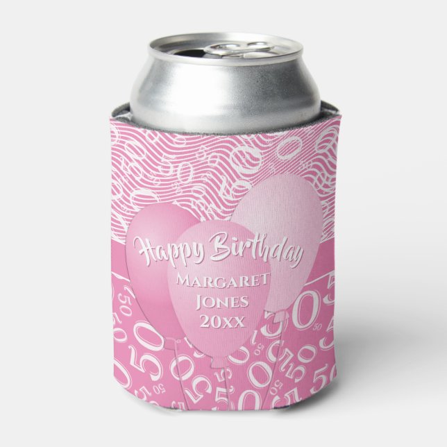 Rafraîchisseur Pour Canette Joyeux Anniversaire 50ème Numéro Motif Rose/Blanc  (Can devant)