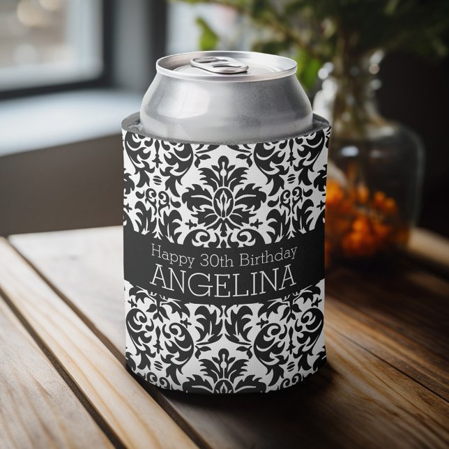 Rafraîchisseur Pour Canette Joyeux anniversaire avec un damas noir et blanc te (Personalized Can Cooler - Add Custom Text or Name)