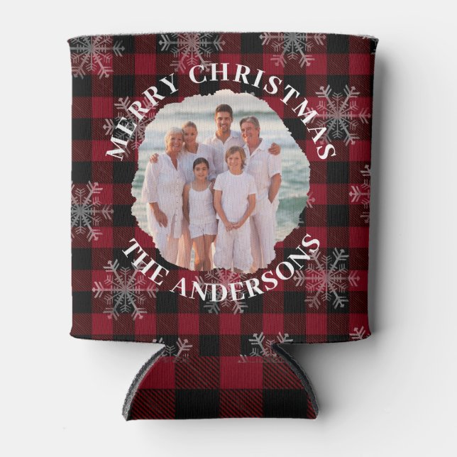 Rafraîchisseur Pour Canette Joyeux Noël Photo personnalisée Noir Rouge Plaid (Devant)