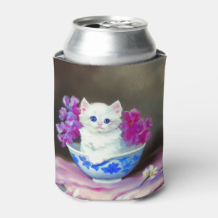 Rafraîchisseur Pour Canette Kitten blanc vintage aux fleurs roses