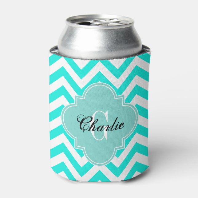 Rafraîchisseur Pour Canette LG Chevron Turquoise Nom Initial Monogramme (Can devant)