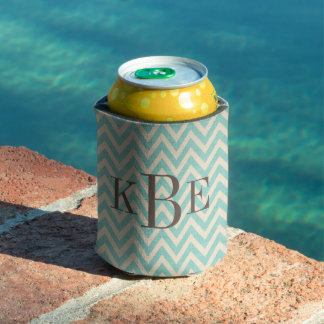 Rafraîchisseur Pour Canette Lin rustique Beige et Aqua Chevron Monogramme