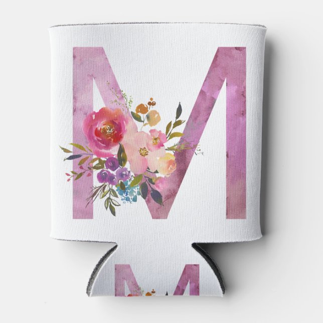 Rafraîchisseur Pour Canette M, Floral Monogramme initial, fleur d'aquarelle (Devant)