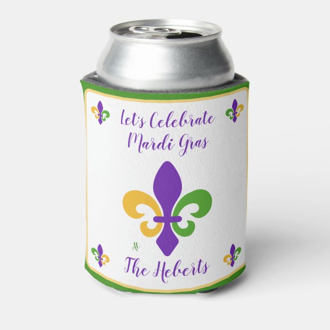 Rafraîchisseur Pour Canette Mardi Gras NOM Vert Or Violet Fleur de Lis (Can Dos)