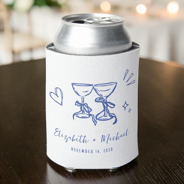 Rafraîchisseur Pour Canette Mariage Bleu Romantique Dessiné à la Main avec Fan (Whimsical Hand Drawn Romantic Blue Wedding Can Cooler)