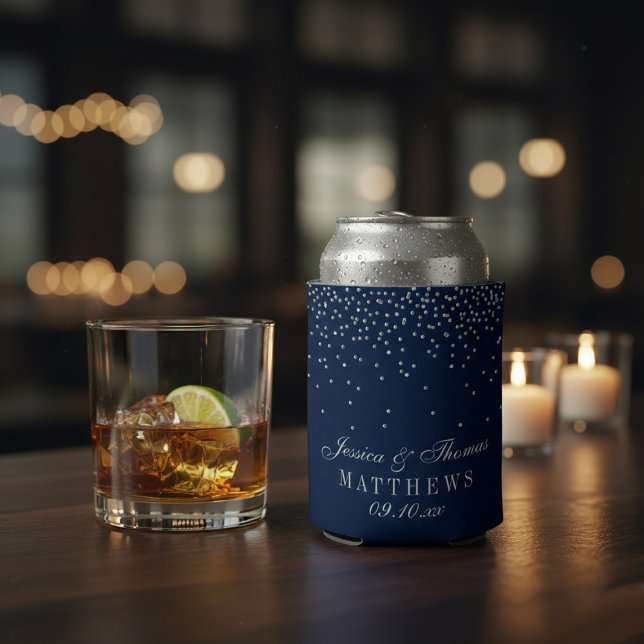 Rafraîchisseur Pour Canette Mariage Confetti Bleu Marine et Argent Glam (Créateur téléchargé)