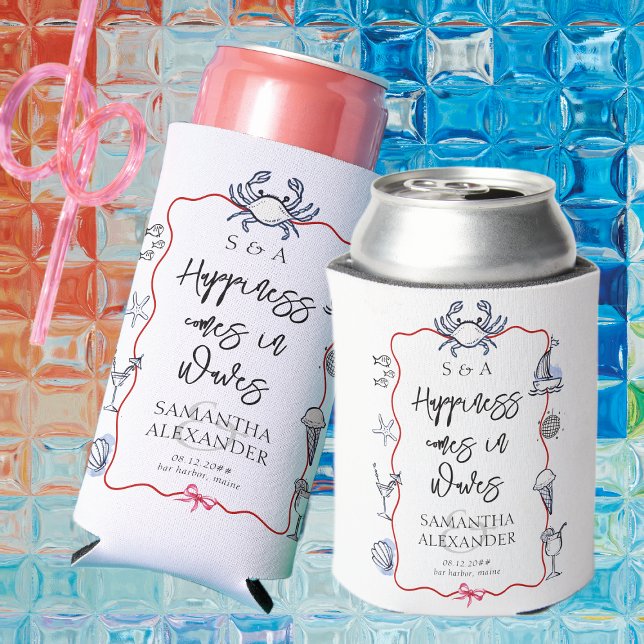 Rafraîchisseur Pour Canette Mariage de Destination sur la Plage avec Doodle de (Coastal Maine Beach Blue Crab Doodles Destination Wedding Favors Can Cooler Elegant Preppy Script)