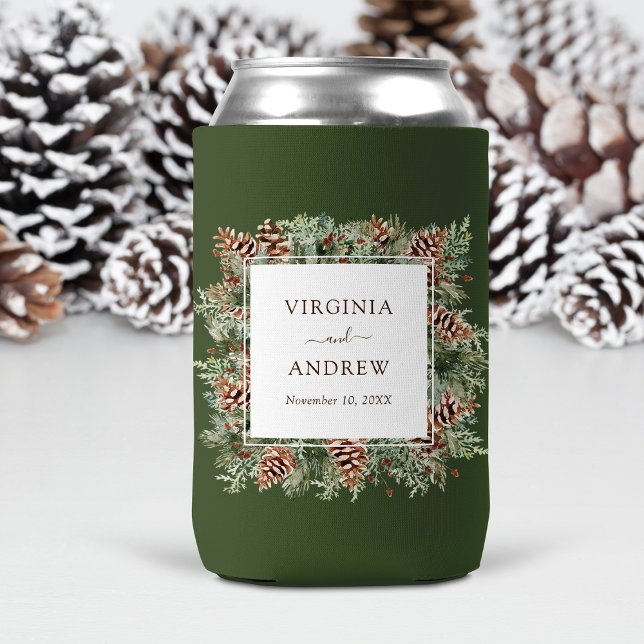 Rafraîchisseur Pour Canette Mariage d'hiver vert (Green Evergreen Pinecone Winter Wedding Can Cooler by Painted Paperie
)