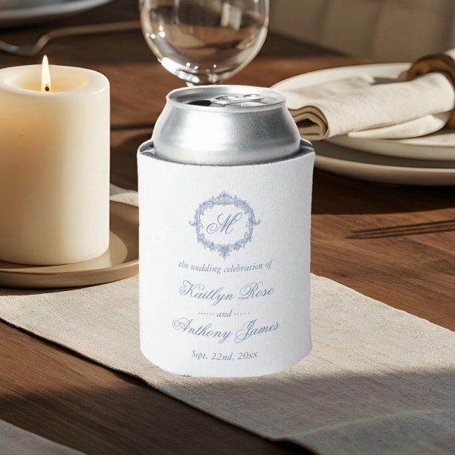 Rafraîchisseur Pour Canette Mariage Élégant Vintage Bleu Toile Monogram (Créateur téléchargé)