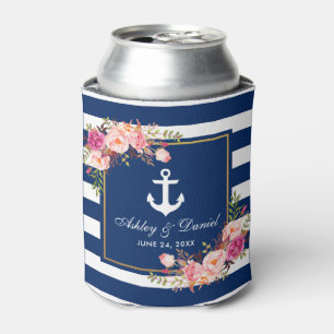 Rafraîchisseur Pour Canette Mariage nautique Bleu Bleu Barré Or Floral