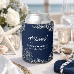 Rafraîchisseur Pour Canette mariage plage nautique blanc dentelle bleu marine