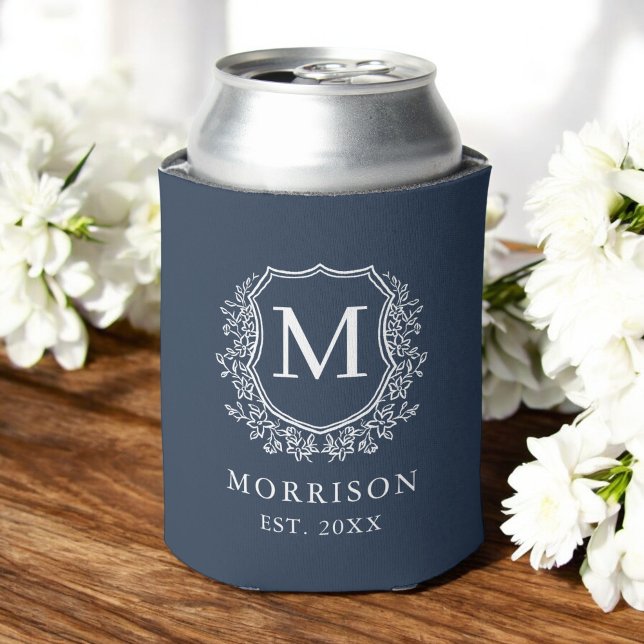 Rafraîchisseur Pour Canette Marine Blue Monogram Crest Mariage botanique (Créateur téléchargé)