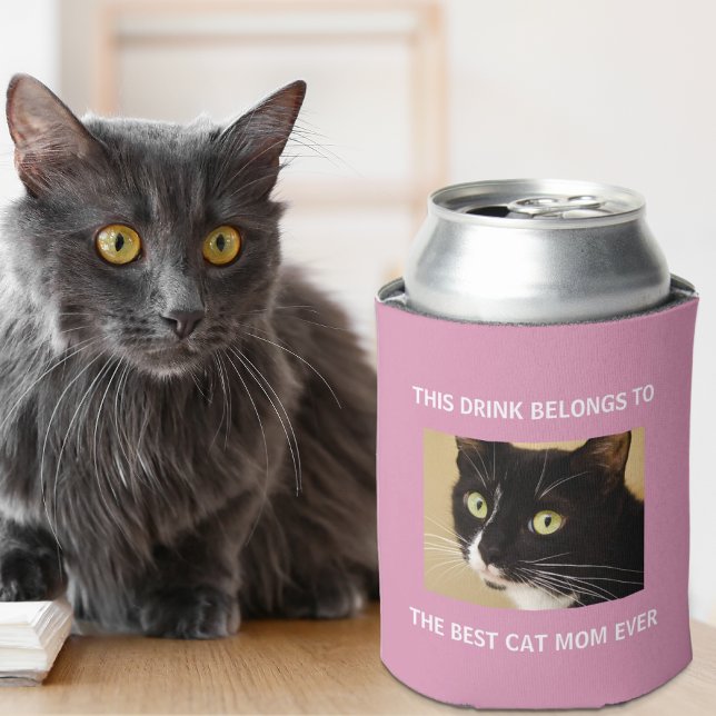 Rafraîchisseur Pour Canette Meilleur Chat Maman Jamais Personnalisé Photo Rose (Celebrate the best cat mom ever with a custom photo can cooler!)