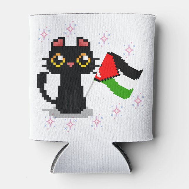 Rafraîchisseur Pour Canette mignon chat noir tient drapeau de la Palestine (Devant)