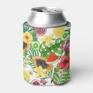 Rafraîchisseur Pour Canette Mix-fruit tropical, fleurs et feuilles sur blanc