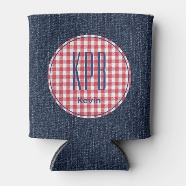 Rafraîchisseur Pour Canette Monogram Name Dark Blue Denim Print Gingham Check (Devant)