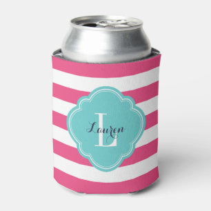 Rafraîchisseur Pour Canette Monogramme à rayures Preppy rose et turquoise chau