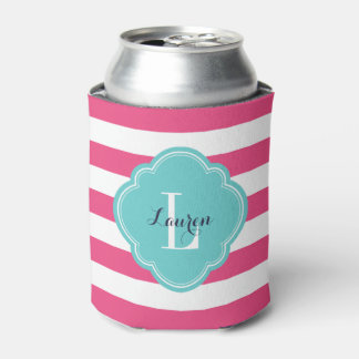 Rafraîchisseur Pour Canette Monogramme à rayures Preppy rose et turquoise chau