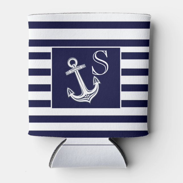 Rafraîchisseur Pour Canette Monogramme Ancre marine Bleu Bleu Bandes blanches (Devant)