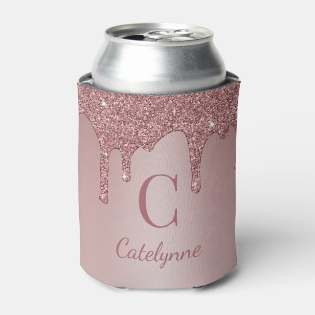 Rafraîchisseur Pour Canette Monogramme avec Gouttes de Paillettes Rose Doré Fé (Can devant)