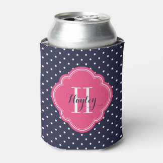 Rafraîchisseur Pour Canette Monogramme bleu marine et Pois rose