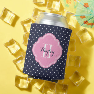 Rafraîchisseur Pour Canette Monogramme bleu marine et Pois rose