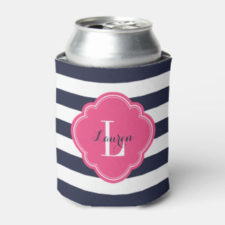 Rafraîchisseur Pour Canette Monogramme bleu marine et rose de bandes Preppy