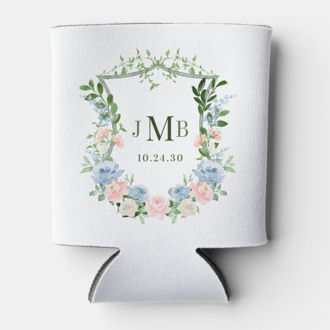 Rafraîchisseur Pour Canette Monogramme Blush Blue Floral Crest Mariage (Devant)