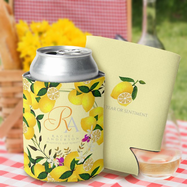 Rafraîchisseur Pour Canette Monogramme citron jaune (Lemon Monogram Yellow Can Cooler for friends or birthday)