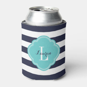 Rafraîchisseur Pour Canette Monogramme de bandes Preppy bleu marine et turquoi