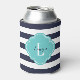 Rafraîchisseur Pour Canette Monogramme de bandes Preppy bleu marine et turquoi