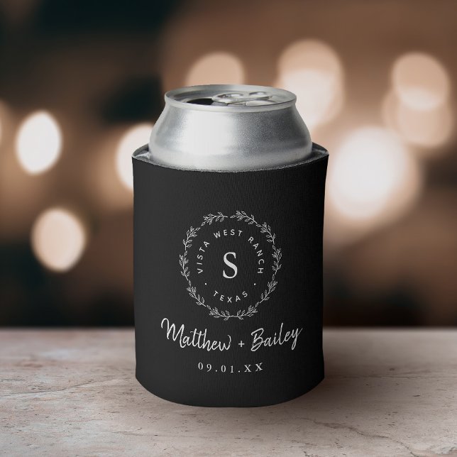 Rafraîchisseur Pour Canette Monogramme de Mariage de couronne rustique | Noir (Créateur téléchargé)