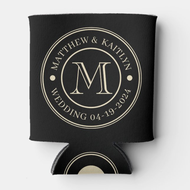 Rafraîchisseur Pour Canette Monogramme de mariage noir et crème (Devant)