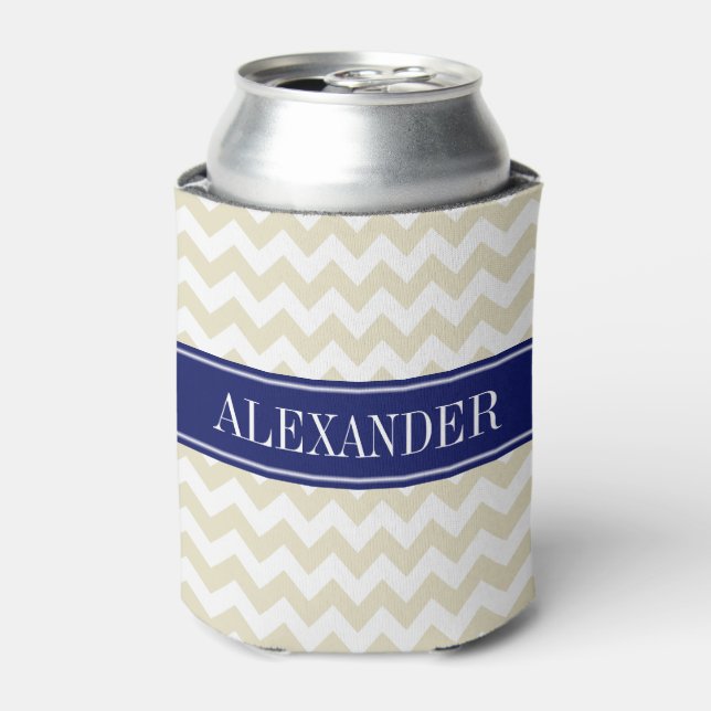 Rafraîchisseur Pour Canette Monogramme de nom Navy Chevron Blanc Beige (Can devant)