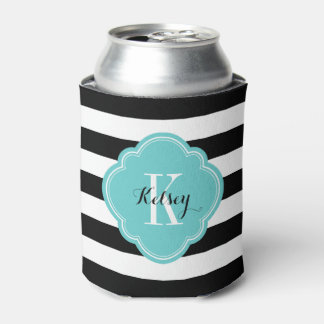 Rafraîchisseur Pour Canette Monogramme de rayures Preppy noir et turquoise