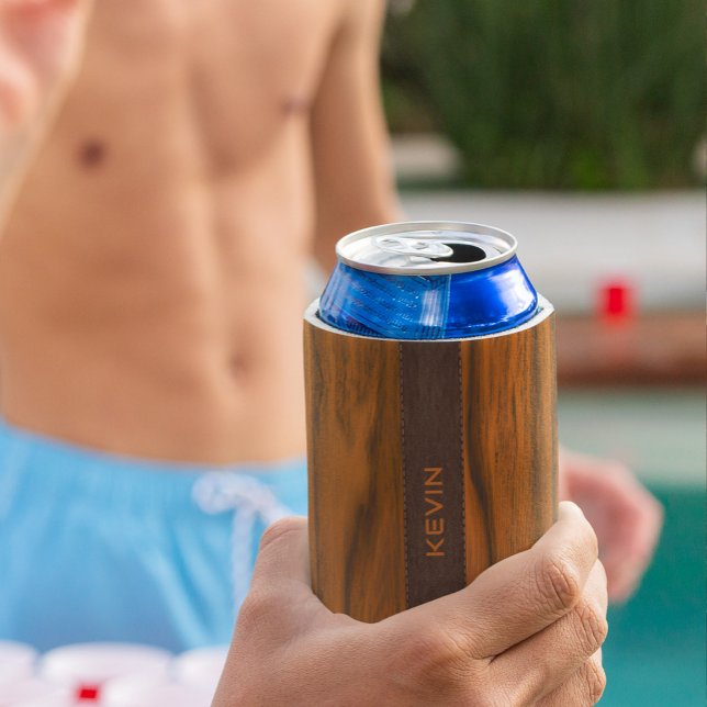 Rafraîchisseur Pour Canette Monogramme En Bois D'Acajou Et Texture En Cuir (Créateur téléchargé)