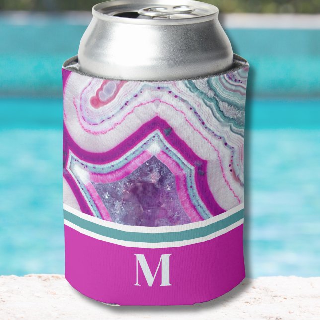 Rafraîchisseur Pour Canette Monogramme Initial Élégant Tendance Moderne (Chic Modern Teal Fuchsia Agate Stone Monogram Can)
