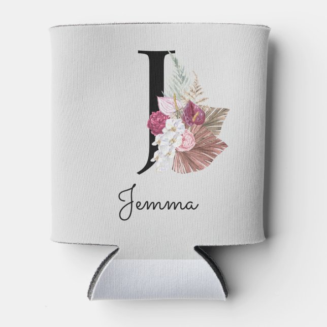 Rafraîchisseur Pour Canette Monogramme initial J rose Boho Floral (Devant)