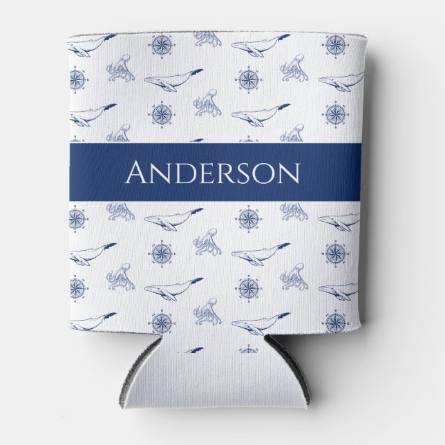 Rafraîchisseur Pour Canette Monogramme nautique Baleines et poulpe marine Blan (Devant)