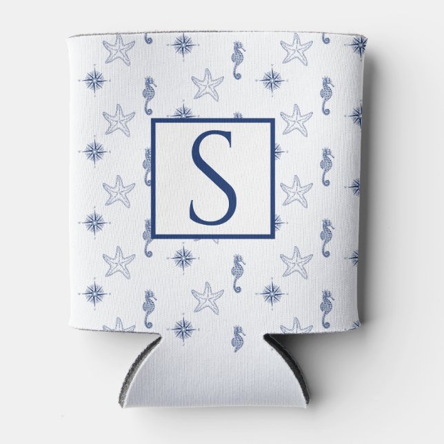 Rafraîchisseur Pour Canette Monogramme nautique Seahorse Starfish Marine Blue (Devant)